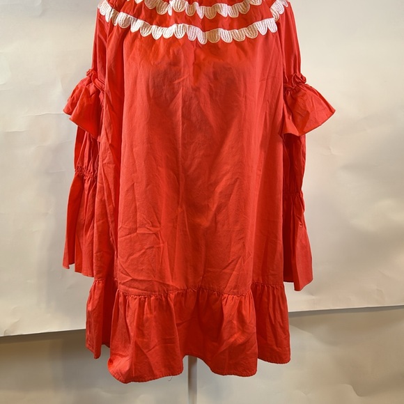 Cynthia Rowley | Coral Mock Neck Long Sleeve Ruffle Embroidered Dress | Small - Picture 6 of 14